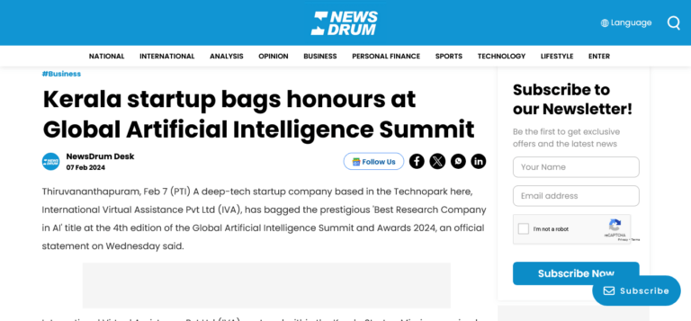 Kerala Startup bags honours at Global Artificial Intelligence Summit